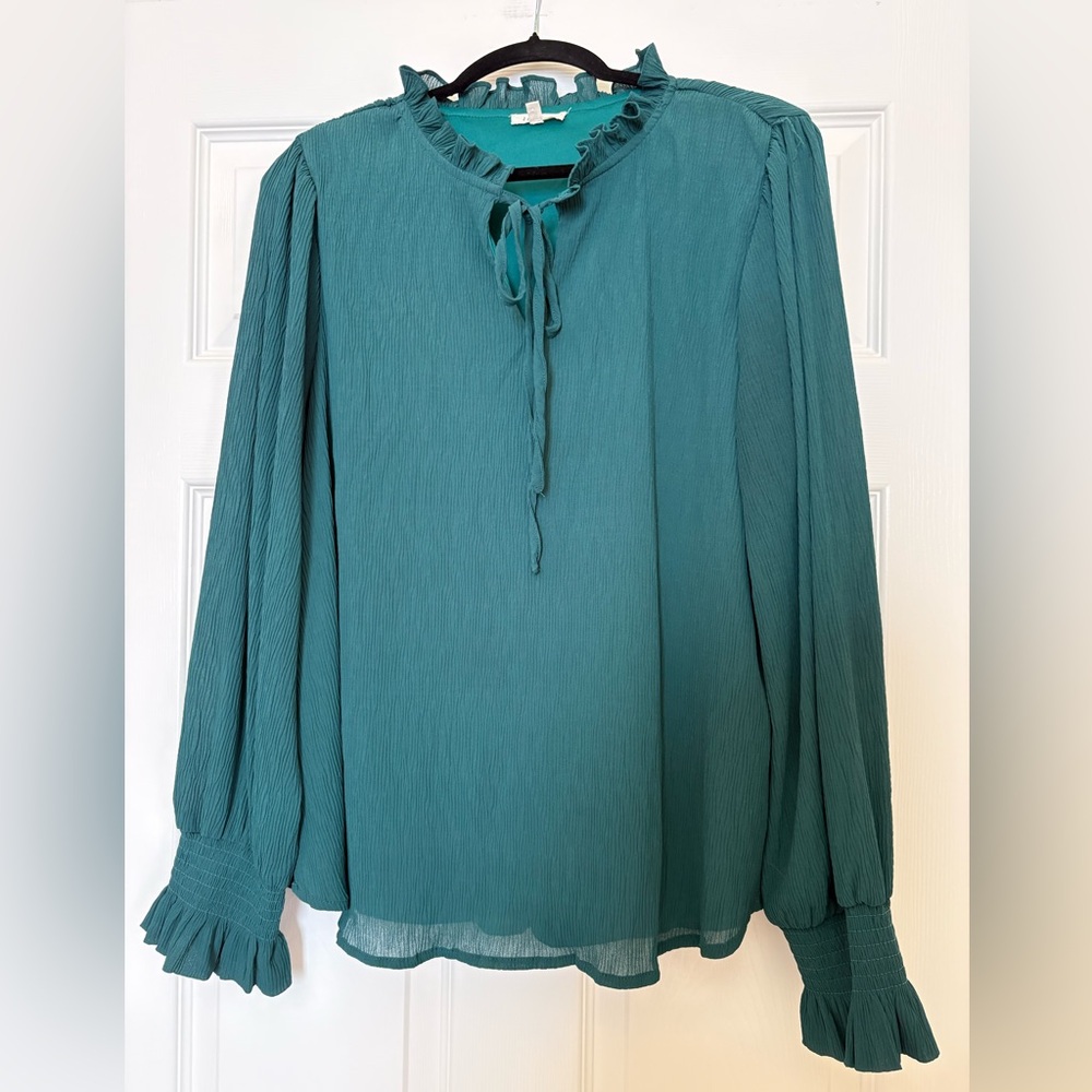 JODIFL Green Ruffle Tie-Neck Blouse
